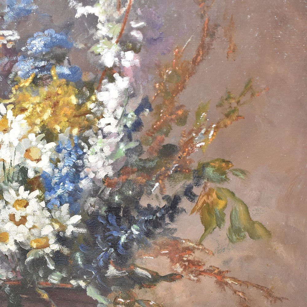 Antique Floral paintings, Vase Of White Daisies, Still Life, Oil On Canvas, 19th . (qf393)-photo-3