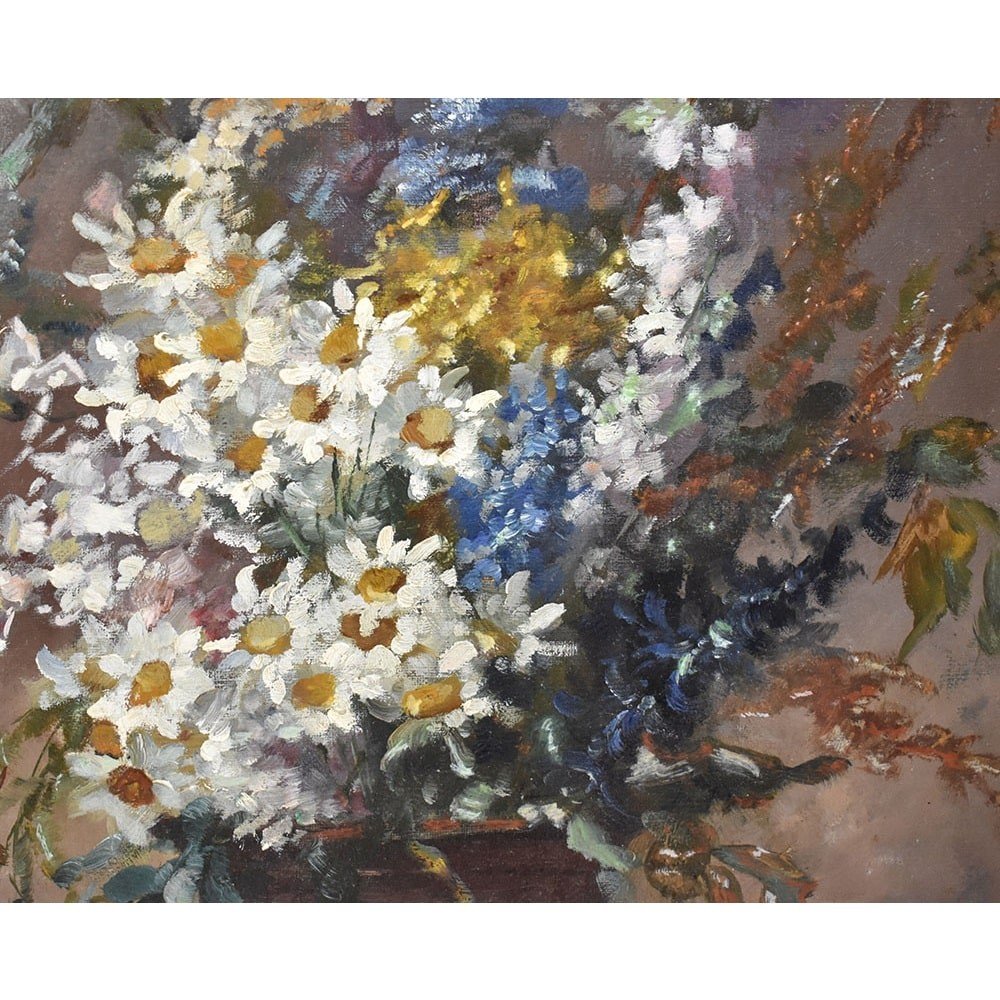 Antique Floral paintings, Vase Of White Daisies, Still Life, Oil On Canvas, 19th . (qf393)-photo-4