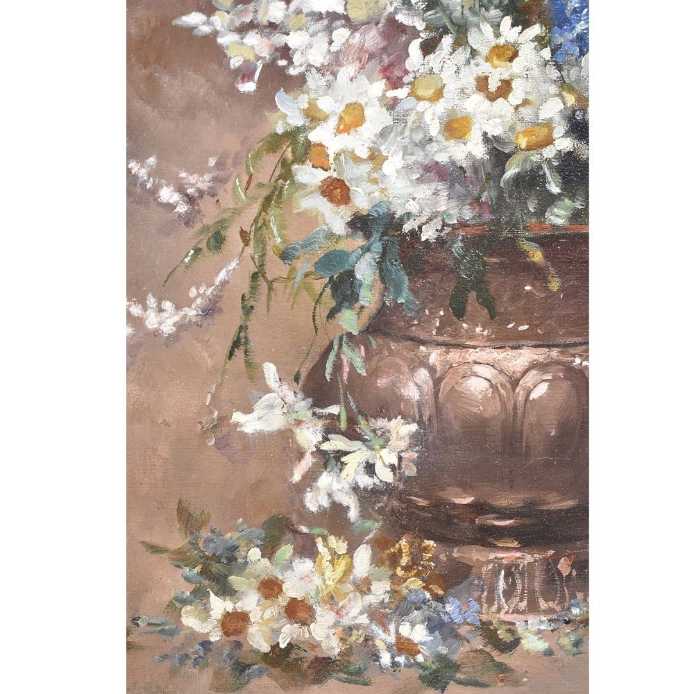 Antique Floral paintings, Vase Of White Daisies, Still Life, Oil On Canvas, 19th . (qf393)-photo-1