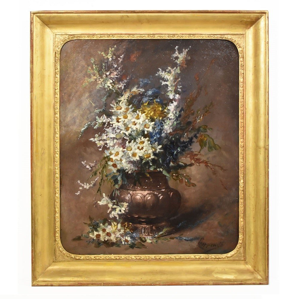 Antique Floral paintings, Vase Of White Daisies, Still Life, Oil On Canvas, 19th . (qf393)