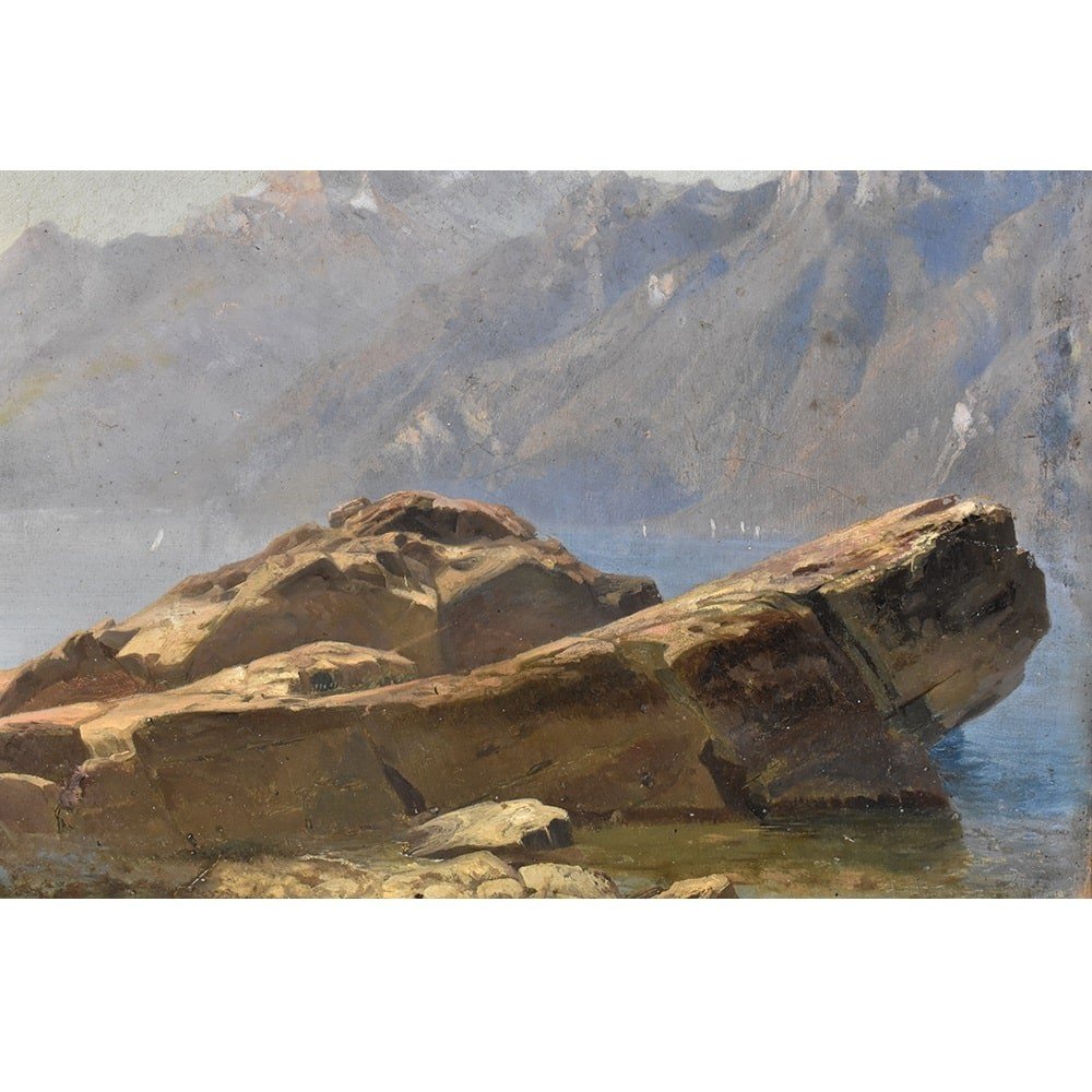 Mountain Landscape Painting, Antique Oil Landscape Painting, Oil On Paper, XIX. (qp405)-photo-1