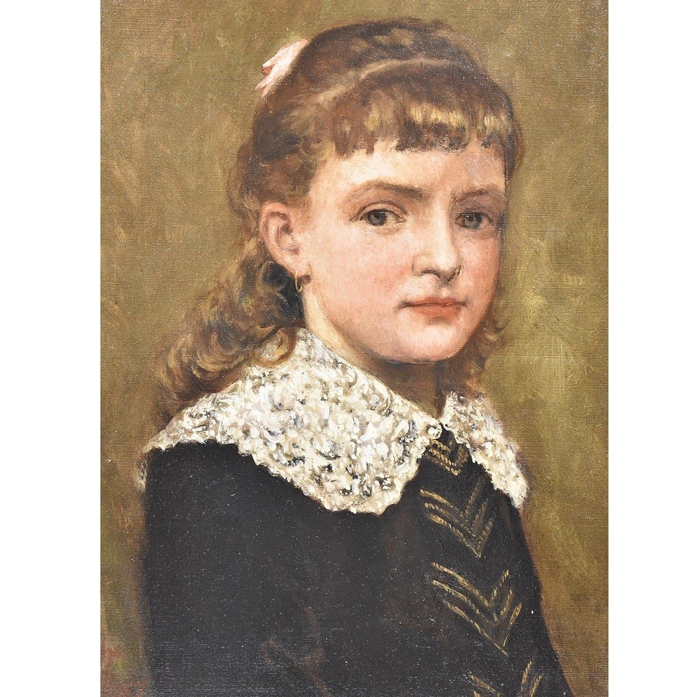 Antique Painting, Young Woman Portrait Painting, Oil Painting On Canvas, XIX Century. (qr407)-photo-3