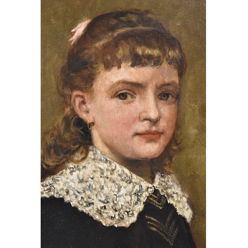 Antique Painting, Young Woman Portrait Painting, Oil Painting On Canvas, XIX Century. (qr407)-photo-4