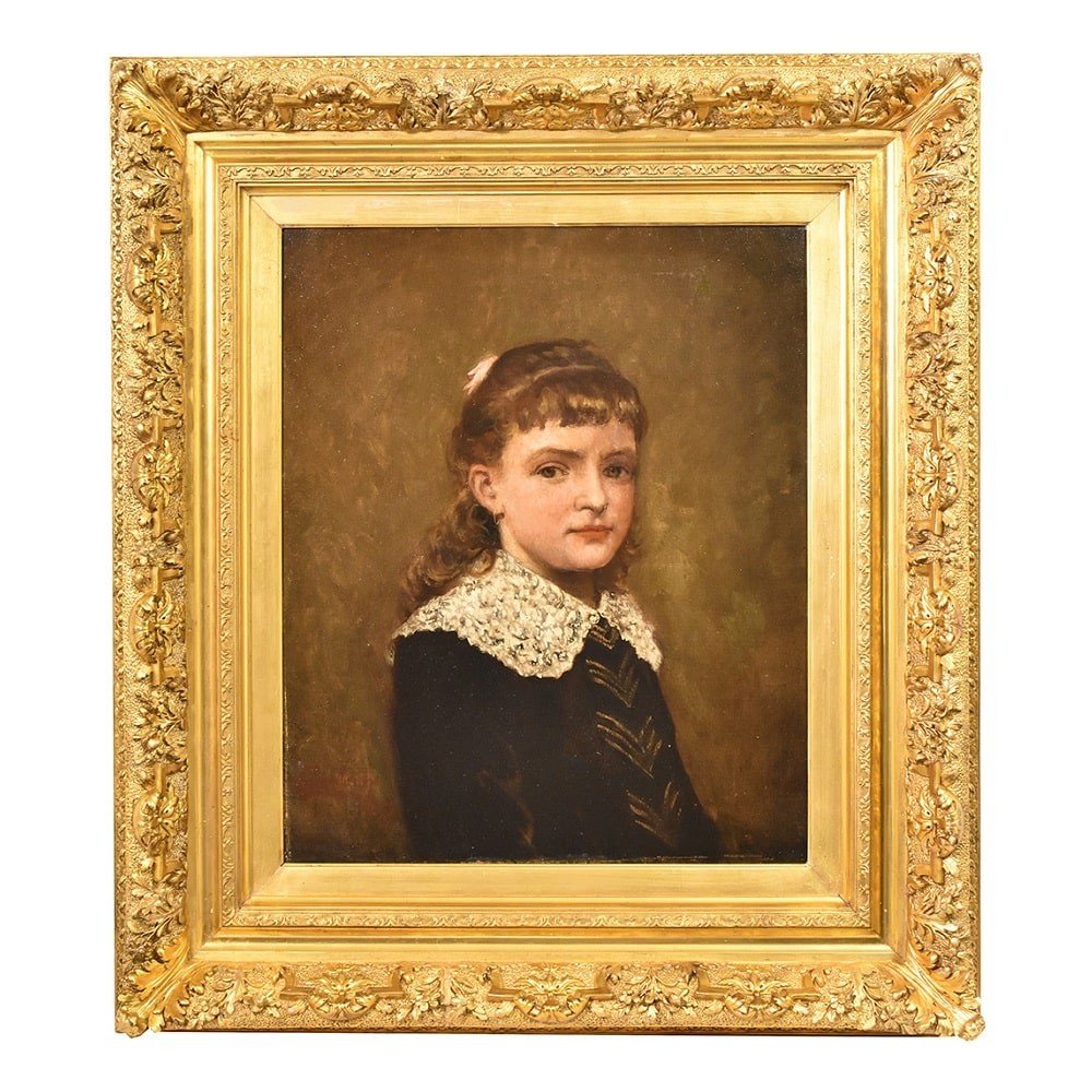 Antique Painting, Young Woman Portrait Painting, Oil Painting On Canvas, XIX Century. (qr407)