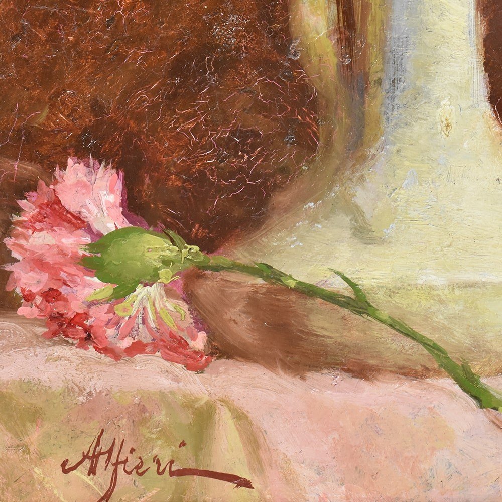 Tableaux Anciens Fleurs, Peinture Fleurs, Oeillets Rouges, XIXè Siècle. (QF406)-photo-3