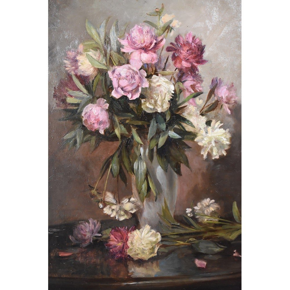 Still Life Painting, Flowers Of Pink Peony, Oil On Canvas, Antique Painting. (qf433)-photo-2