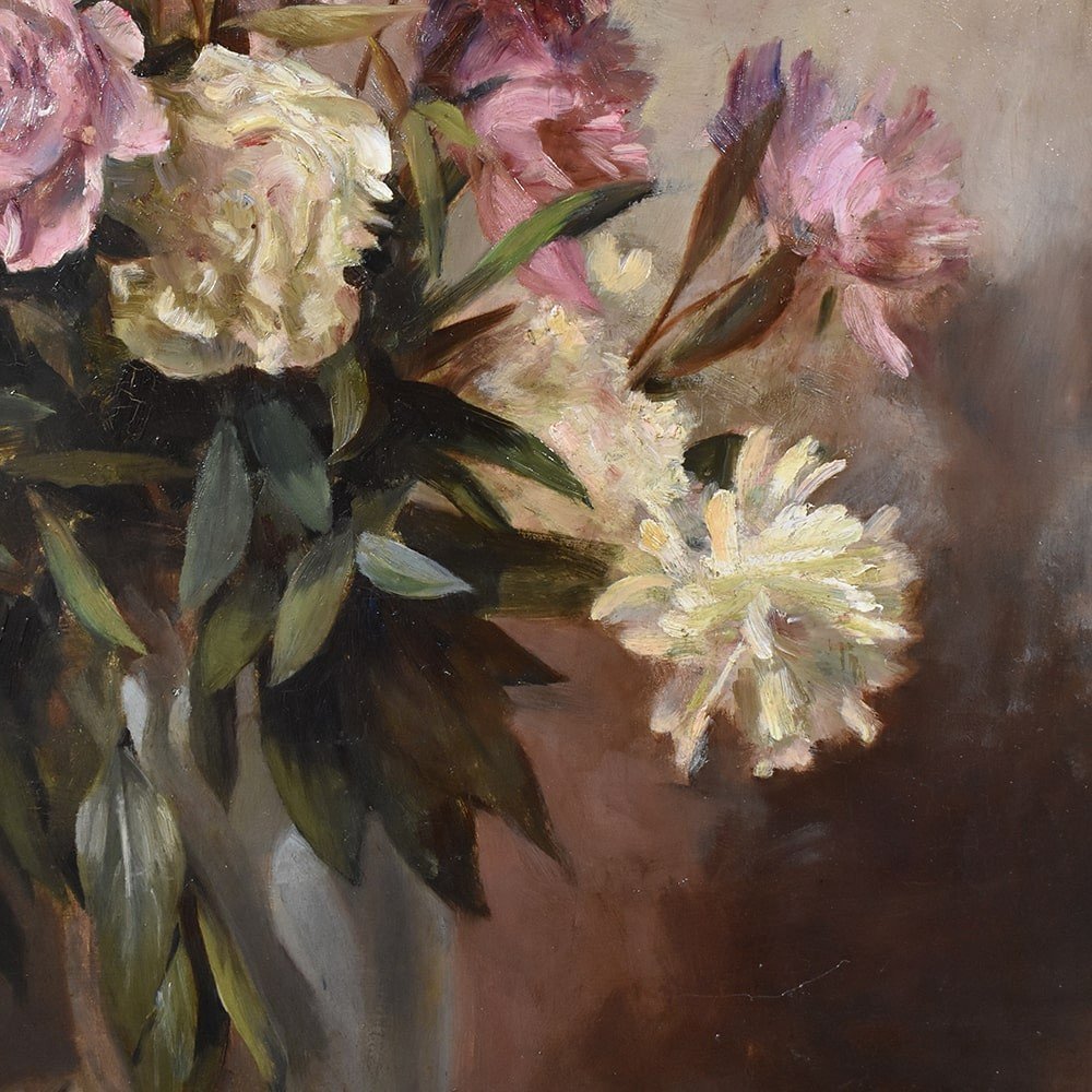 Still Life Painting, Flowers Of Pink Peony, Oil On Canvas, Antique Painting. (qf433)-photo-1