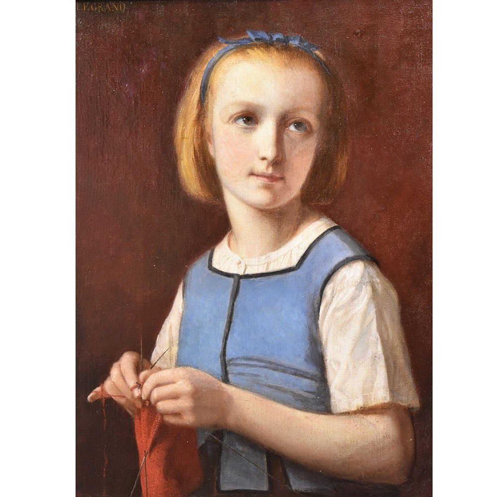 Tableaux Anciens, Portrait Ancien, Jeune Fille qui coud, Legrand, XIXème Siècle. (QR436)-photo-2