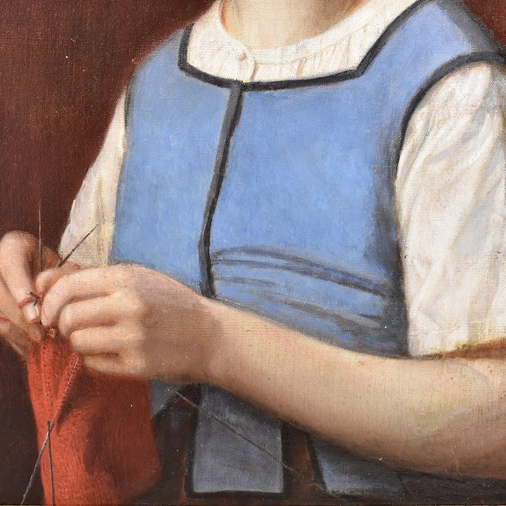 Tableaux Anciens, Portrait Ancien, Jeune Fille qui coud, Legrand, XIXème Siècle. (QR436)-photo-1