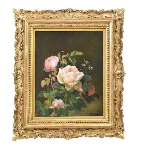 Tableau Ancien Fleurs, Peinture Fleurs, Roses, Alexandre Debrus, XIXè Siècle. (QF462)