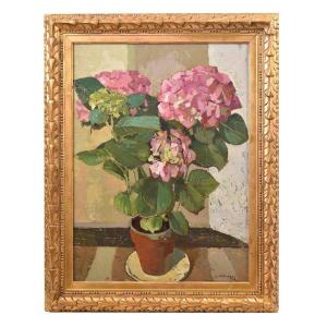 Still Life Painting, Flowers Vase Painting, Hydrangea, Oil On Canvas,  XXè Siècle. (qf519)