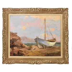 Marine Painting, Cote Azur Painting, Seascape Painting With A White Boat, Early 20th. (qm520)
