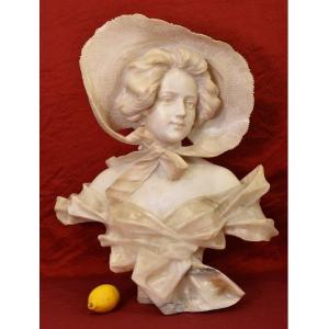 Antique Marble And Alabaster Sculptures, Bust Of Young Girl With Hat Sculpture, 19th. (stal72)