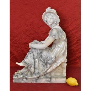 Sculptures anciennes, Albâtre Et Marbre, Femme Sculpture, Signé Pugi, XIX Siècle. (STAL75)