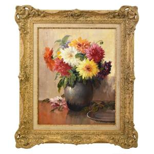 Flower Painting, Dahlias Painting, Oil On Canvas, 20th Century, Art Déco. (qf544) 