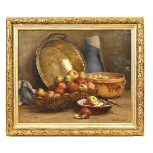 Still Life Painting With Red Apples And Knife, Oil On Canvas, Antique Painting Late XIX (qnm546