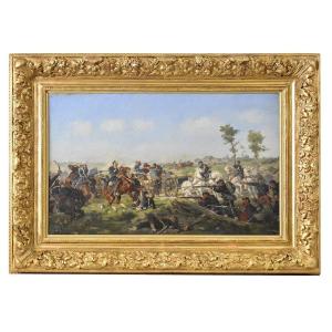 Antique Painting, Landscape With Battle, Battle Scene, XIX Century. (qp561)