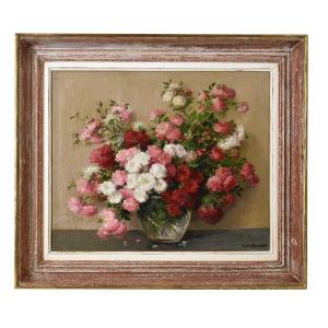 Tableau Ancien Fleurs, Maurice Alfred Decamps, Peinture Fleurs, Petites Roses, Art Deco.(QF563)