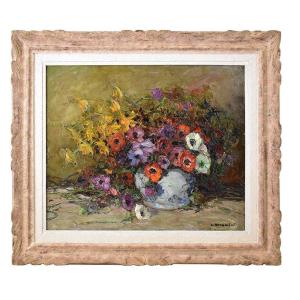 Art Deco Still Life Painting, Flowers Vase Painting, Anemones, Oil On Canvas.  (qf564)