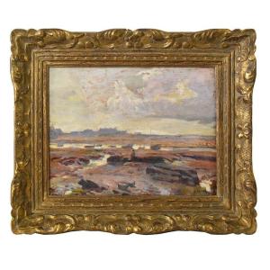 Antique Oil Painting, Marine Painting With Rocks,19th Century. (qm567)