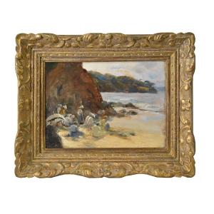 Antique Oil Painting, Marine Painting With Women On The Beach, 19th Century. (qm568)