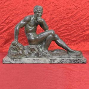 Antique Bronze Statues, Male Figure, Seated Man, 20th Century, Art Deco. (stb79)