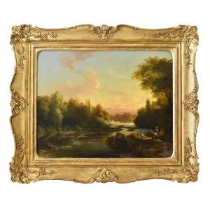 Antique Painting, River Landscape With Women Bathing, Nature Painting, XIX Century. (qp570)