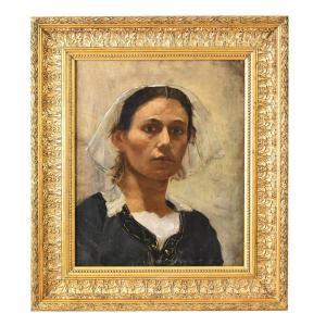 Antique Painting, Young Breton Girl, Young Woman, Portrait Painting, XIXème Siècle. (qr572)