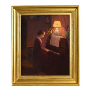 Antique Woman Portrait Painting, Young Woman Playing The Piano, Oil On Canvas, XX. (qr574)