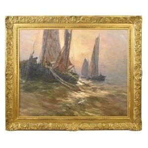 Antique Painting, Marine Painting, Large Marina With Boats And Fishermen, 19th Century. (qm573)