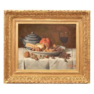 Still Life Oil Painting, Still Life With Fruit  And Cheese, Oil On Canvas, XIX. (qnm654)