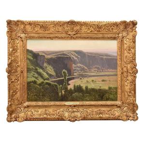 Tableau Ancien Paysages, Didier Pouget, Vallée De La Corrèze Avec Rivière, Toile, XXè. (QP657)