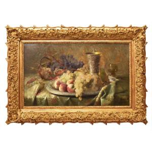 Still Life Oil Painting, Still Life With Fruit, Grapes And Peaches, Oil On Canvas, XIX.(qnm659)