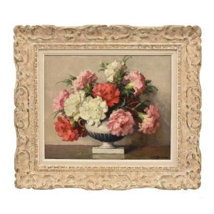 Tableau Ancien Fleurs, Maurice Alfred Decamps, Peinture Fleurs Oeillets, XXè, Art Deco. (QF663)