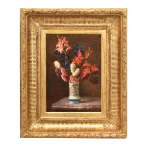 Antique Flower Painting, Lilies, Dahlias, Oil On Wood, 19th Century. (qf662)