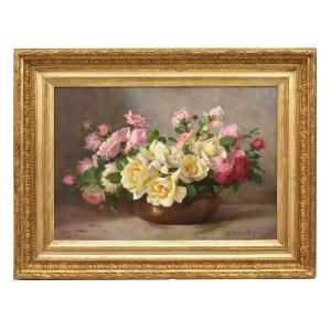 Tableau Ancien, Gamba De Preydour, Nature Morte De Roses Roses, Huile Sur Toile, XX . (QF665)
