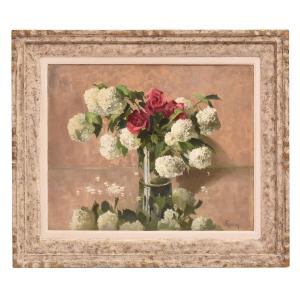 Tableau Ancien, Jules Marie Joseph Roblin, Nature Morte De Roses Et Boule De Mai.  (QF677)