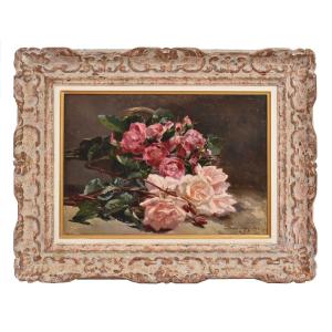 Tableau Ancien Fleurs, Pierre Bourgogne, Peinture Fleurs, Roses Rouges Et Blanches, XIX (QF678)
