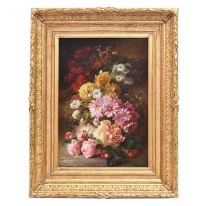 Tableau Ancien Fleurs, Antoine Jules Pelletier, Roses Et Marguerites, XIXè Siecle. (QF680)