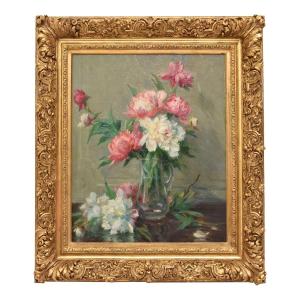 Tableau Ancien, Paul André Jean Eschbach, Nature Morte Aux Pivoines, Huile Sur Toile (QF689)