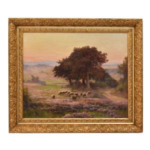 Tableau Ancien, Édouard Pail, Paysage Avec Bruyère Française Et Troupeau, Fin Du XIX (QP693)
