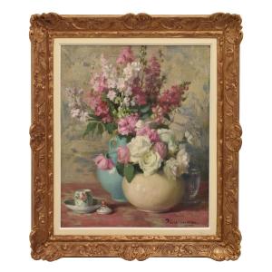 Tableau Ancien Fleurs, Jane Nérée-Gautier, Art Nouveau, Roses, XXè Siècle. (QF699)