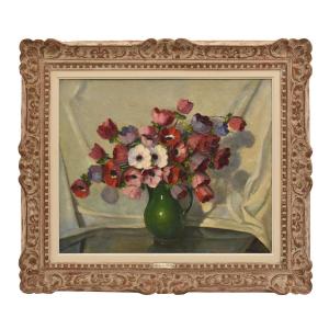 Tableaux Anciens Fleurs, Art Déco, Bouquet D’Anémones Et Coquelicots, XXème Siècle. (QF702) 
