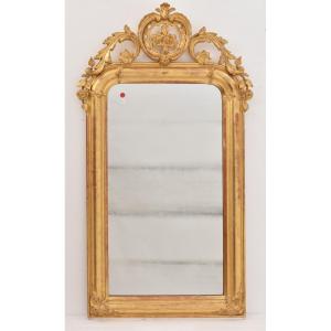 Antique Gold Leaf Mirror, Rectangular Wall Mirror Avec Floral Crest, Gilded Mirror, XIX (spc196