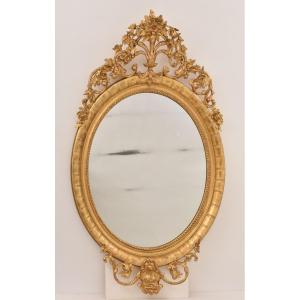 Grand Miroir Oval Ancien, Fleurs Et Volutes, Miroir Doré Ancien, XIXè Siècle. (SPO198)