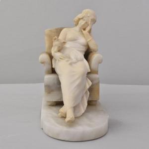 Antique Alabaster Sculptures, Young Girl Sculpture With Dog, 19th Century. (stal105)