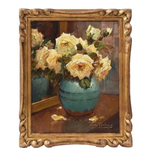 Flower Painting, Small Still Life Of Yellow Roses, Oil On Canvas, Art Déco. (qf719)