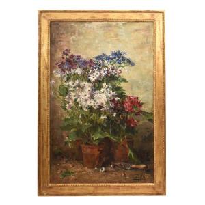 Still Life Painting, Flowers, Spring Floral, Cornflowers And Daisies, Oil, XIX Siècle. (qf736)