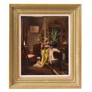 Tableau Ancien  Avec Intérieur Bourgeois, Jean-Claude Bayer, Huile Sur Toile, XIX (QP738)