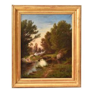 Tableau Ancien, Leberecht Lortet, Paysage Lavandières Et Rivière, XIXème Siècle. (QP739)